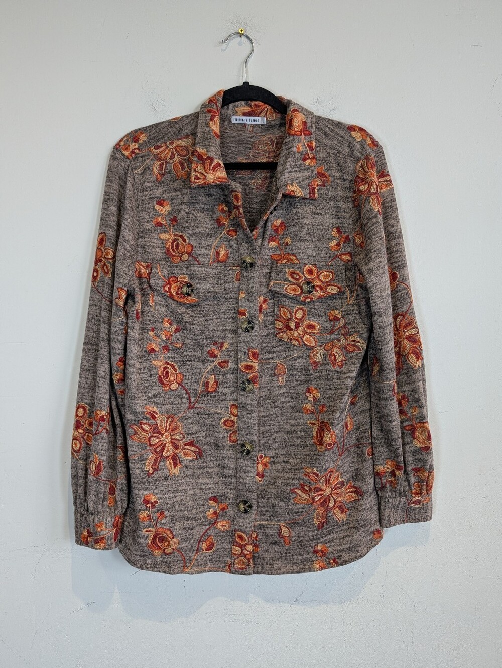 Figueroa & Flower Brown Button-Up Top With Orange Floral Embroidery, Size L
